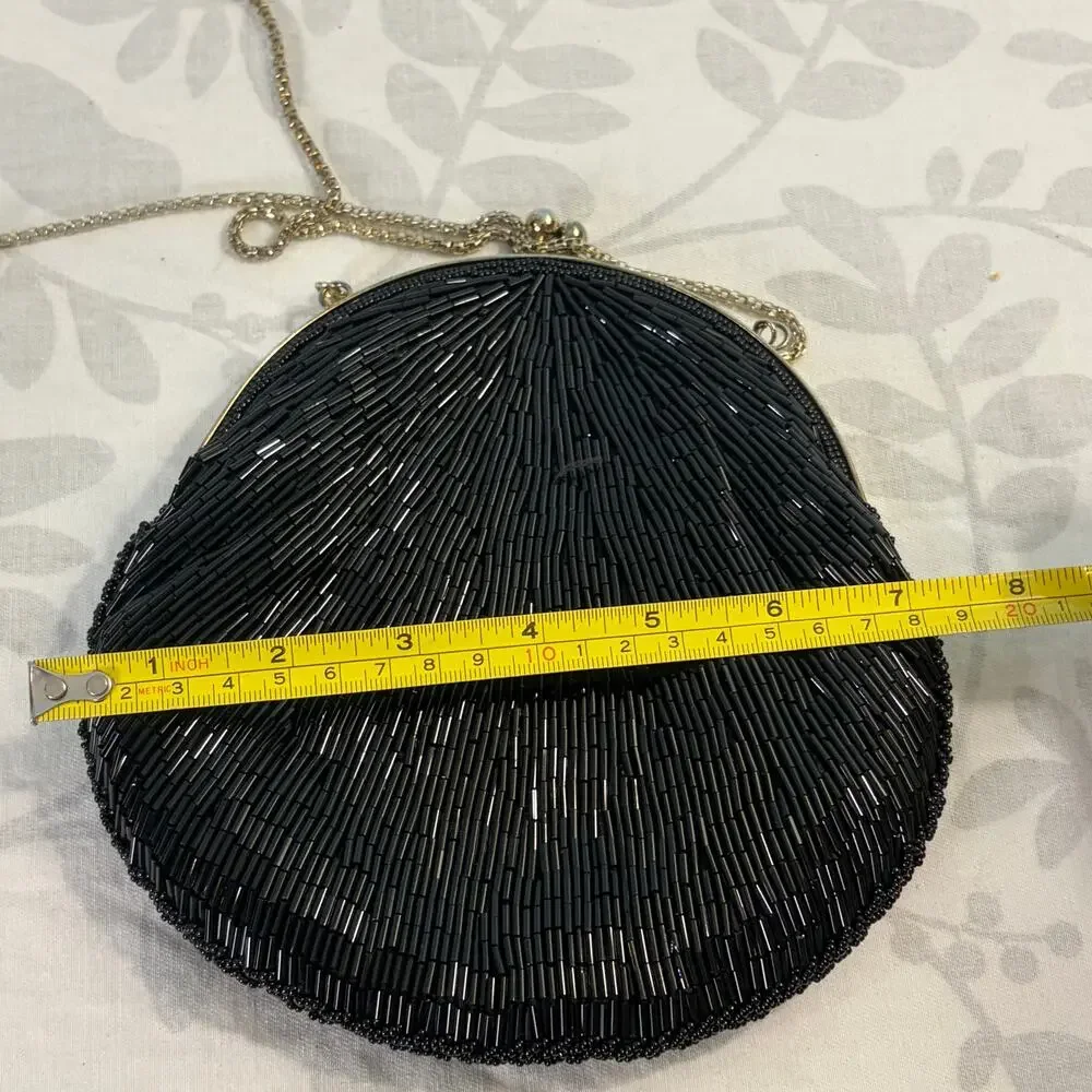 Vintage La Regale Black Beaded Evening Bag Kiss Lock Cocktail Wedding Handbag